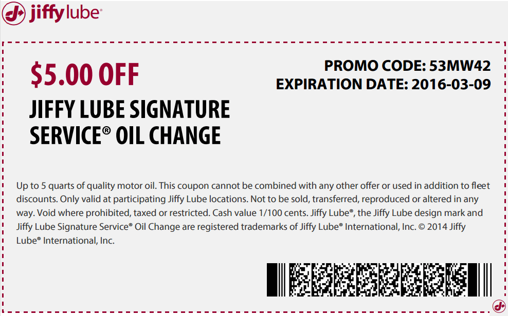 Jiffy Lube Coupon April 2024 $5 off an oil change at Jiffy Lube