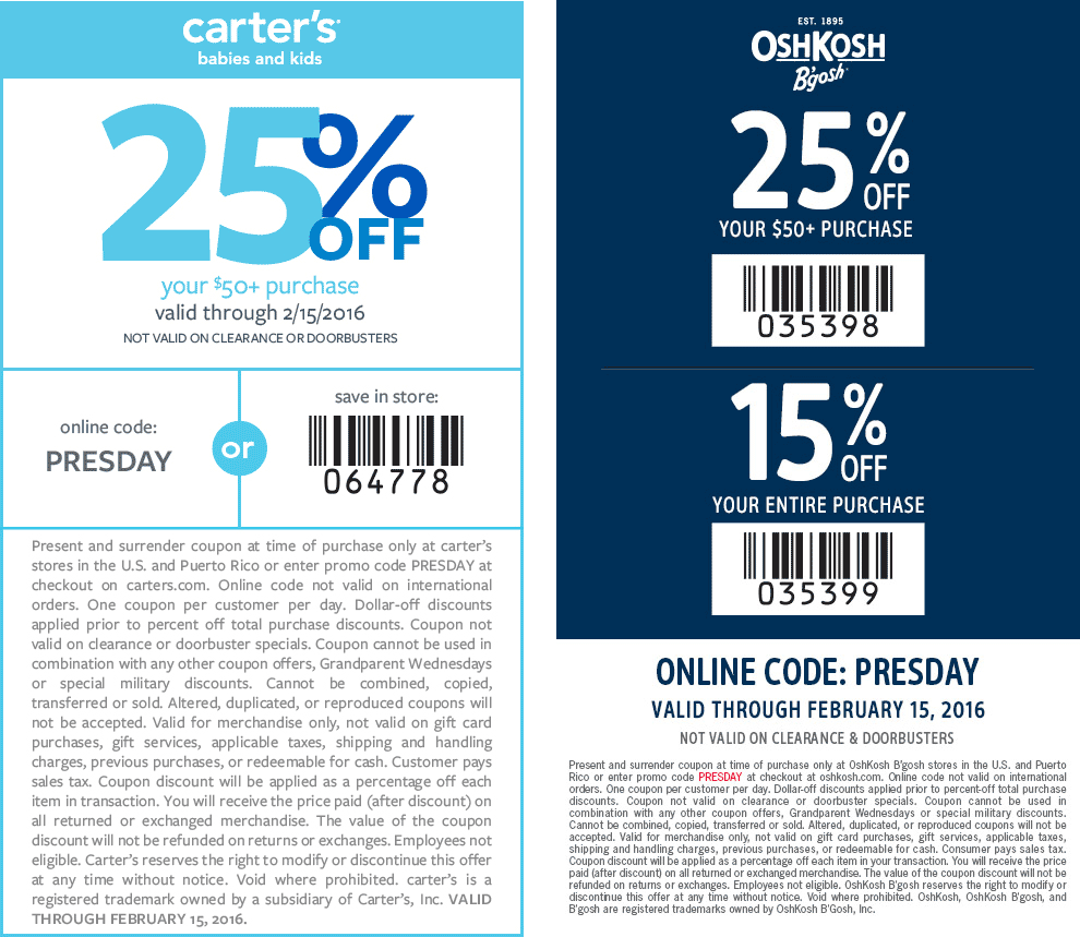 Carters Coupon April 2024 25% off $50 at OshKosh Bgosh & Carters, or online via promo code PRESDAY