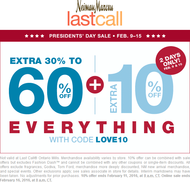 Last Call Coupon April 2024 40-70% off everything at Neiman Marcus Last Call, or online via promo code LOVE10