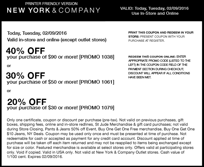 New York & Company Coupon March 2024 20-40% off $30+ today at New York & Company, or online via promo code 1079