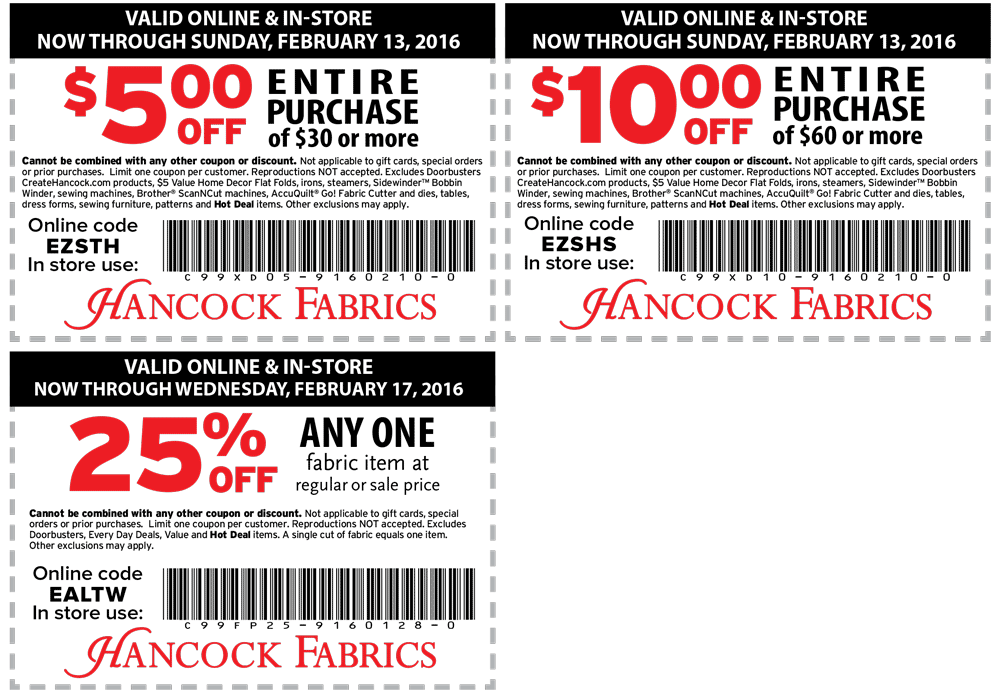 Hancock Fabrics Coupon March 2024 $5 off $30 & more at Hancock Fabrics, or online via promo code EZSTH