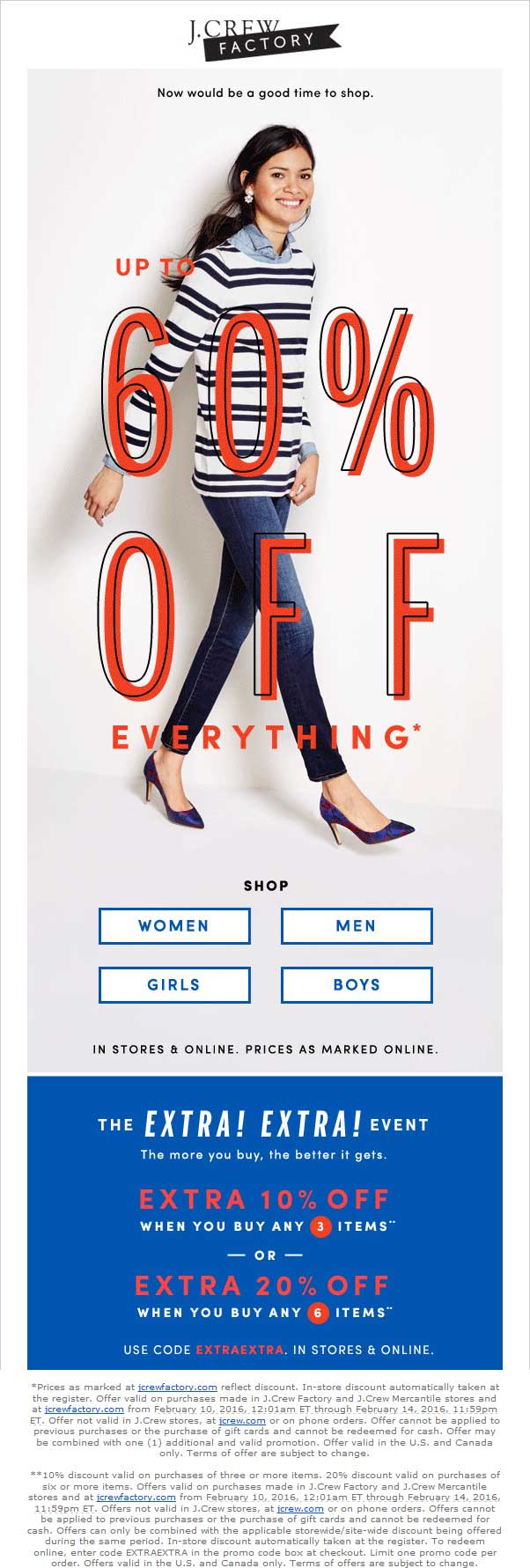 J.Crew Factory Coupon April 2024 Extra 20-60% off everything at J.Crew Factory, or online via promo code EXTRAEXTRA