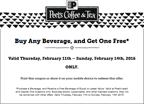 Peets Coffee & Tea Coupon April 2024 Second beverage free at Peets Coffee & Tea
