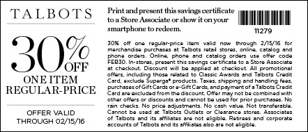 Talbots Coupon April 2024 30% off a single item at Talbots, or online via promo code FEB30
