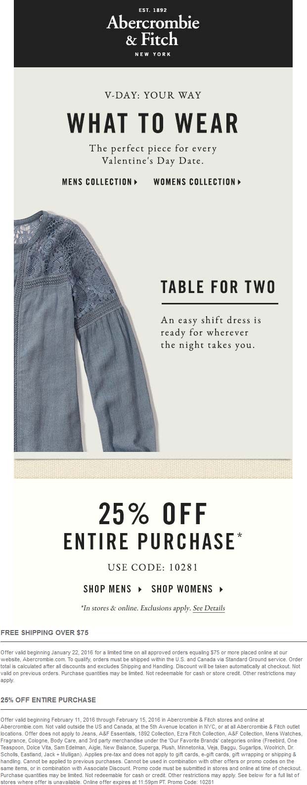 Abercrombie & Fitch Coupon April 2024 25% off at Abercrombie & Fitch, or online via promo code 10281