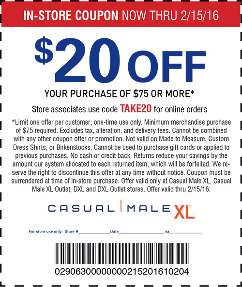 Casual Male XL Coupon April 2024 $20 off $75 at Casual Male XL, or online via promo code TAKE20