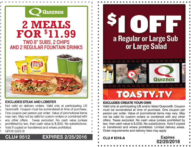 Quiznos Coupon April 2024 Two meals for $12 & more at Quiznos