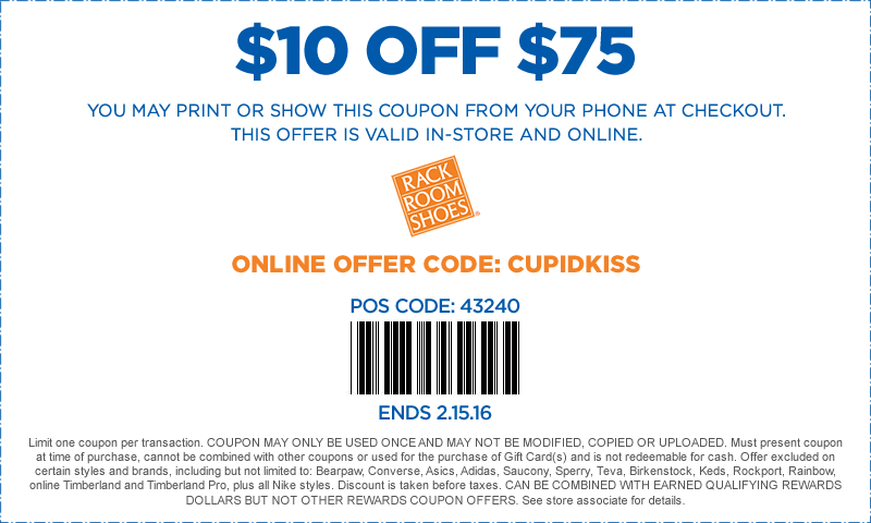 Rack Room Shoes Coupon April 2024 $10 off $75 at Rack Room Shoes, or online via promo code CUPIDKISS