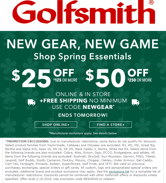 Golfsmith Coupon April 2024 $25 off $125 & more at Golfsmith, or online via promo code NEWGEAR