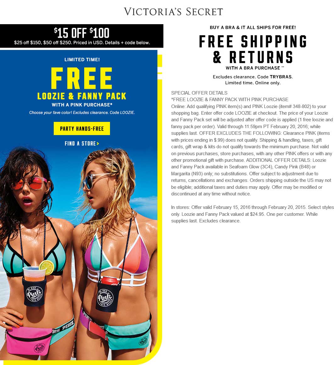 Victorias Secret Coupon April 2024 $25 fanny pack & loozie free with any pink purchase at Victorias Secret, or online via promo code LOOZIE