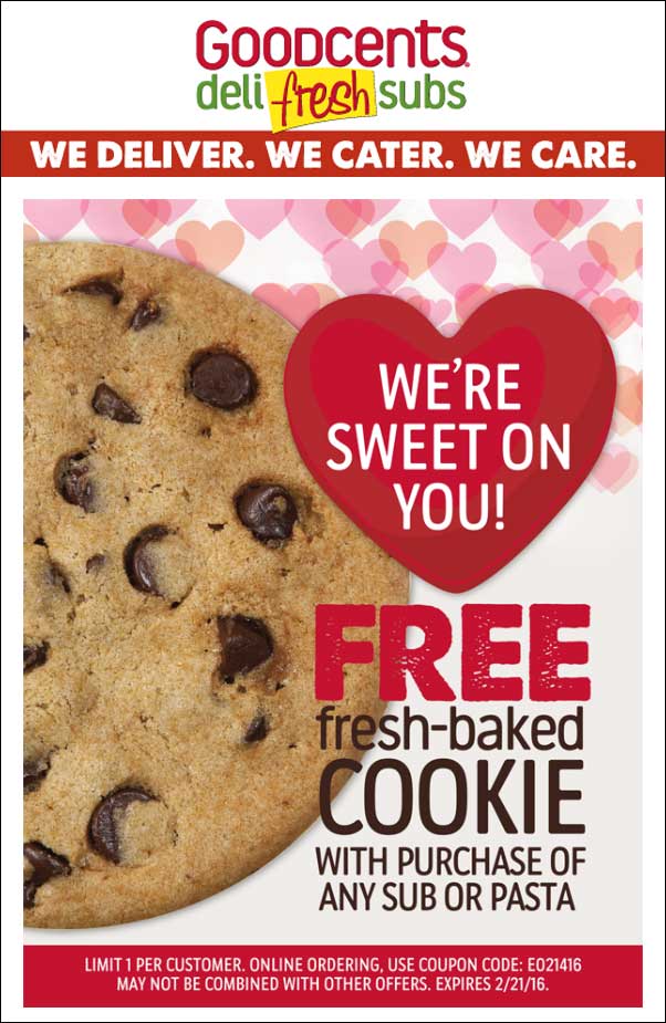 Goodcents Coupon April 2024 Free cookie with your sub or pasta at Goodcents deli fresh subs