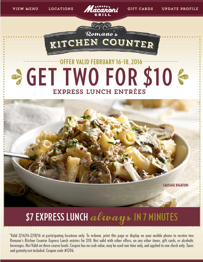 Macaroni Grill Coupon April 2024 Two lunches for $10 in 7 minutes at Macaroni Grill