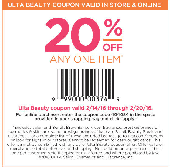 Ulta Coupon April 2024 20% off a single item at Ulta Beauty, or online via promo code 404084