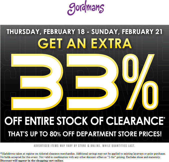 Gordmans Coupon April 2024 Extra 33% off clearance at Gordmans, ditto online