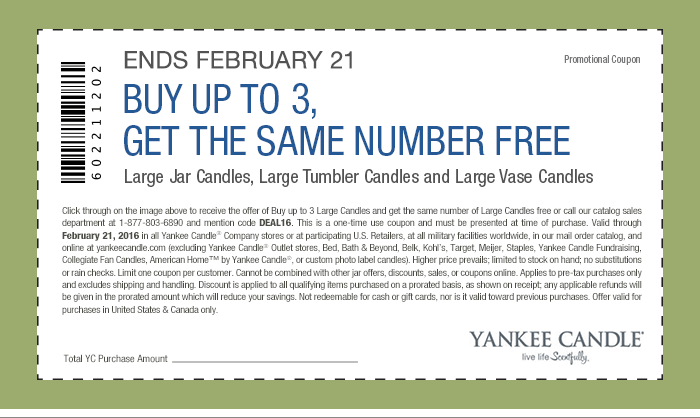 Yankee Candle Coupon April 2024 Second 1-3 large candles free at Yankee Candle, or online via promo code DEAL16