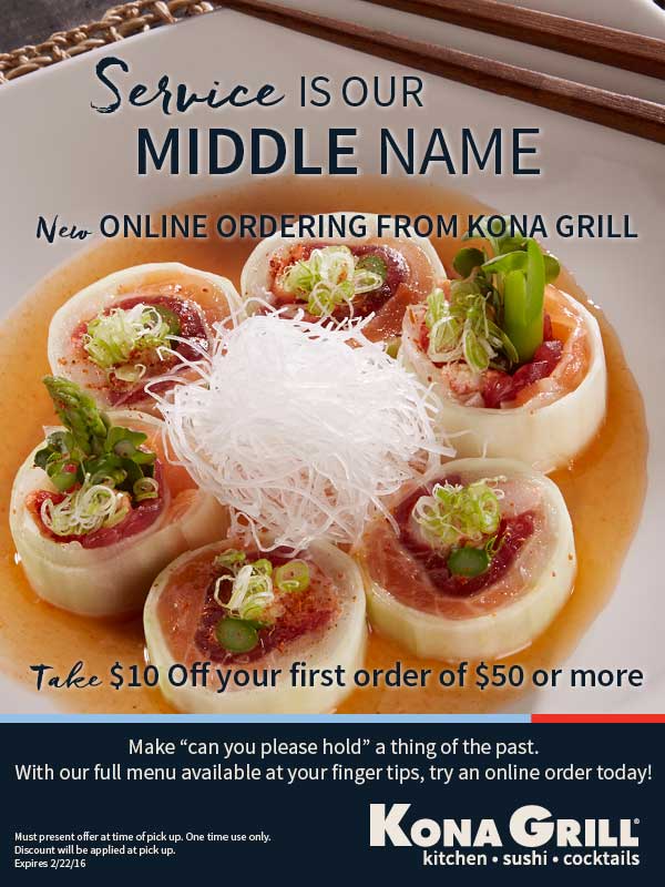 Kona Grill Coupon April 2024 $10 off $50 for online orders at pickup at Kona Grill restaurants