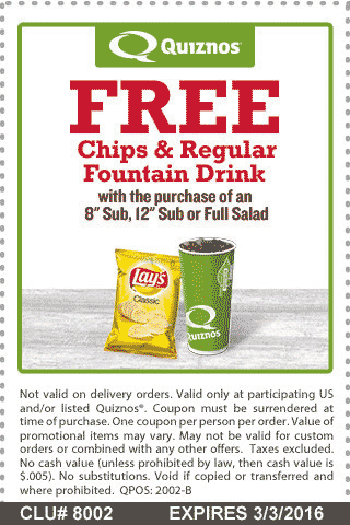 Quiznos Coupon April 2024 Chips & drink free with your sub at Quiznos