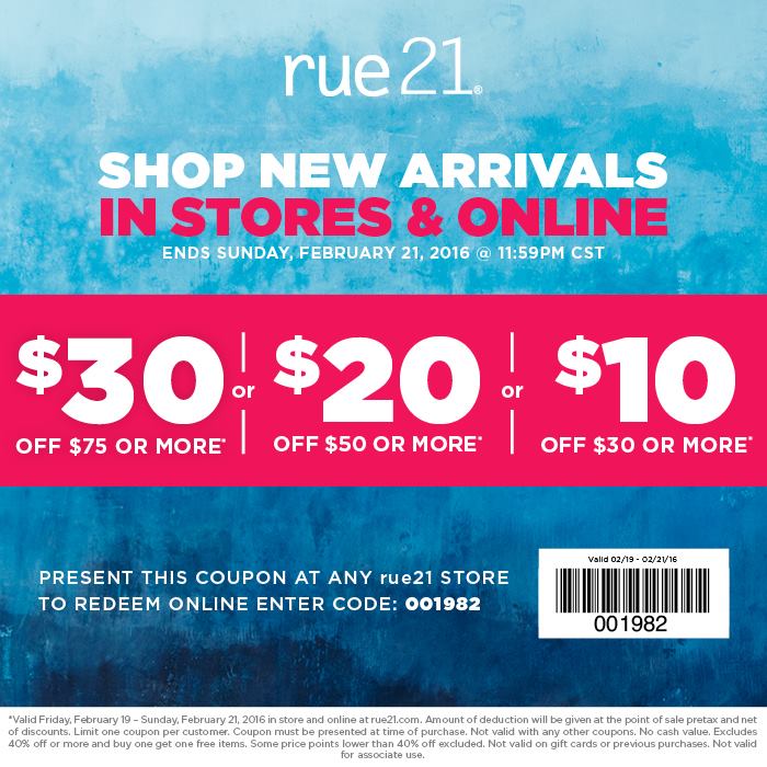 Rue21 Coupon April 2024 $10 off $30 & more at rue21, or online via promo code 001982