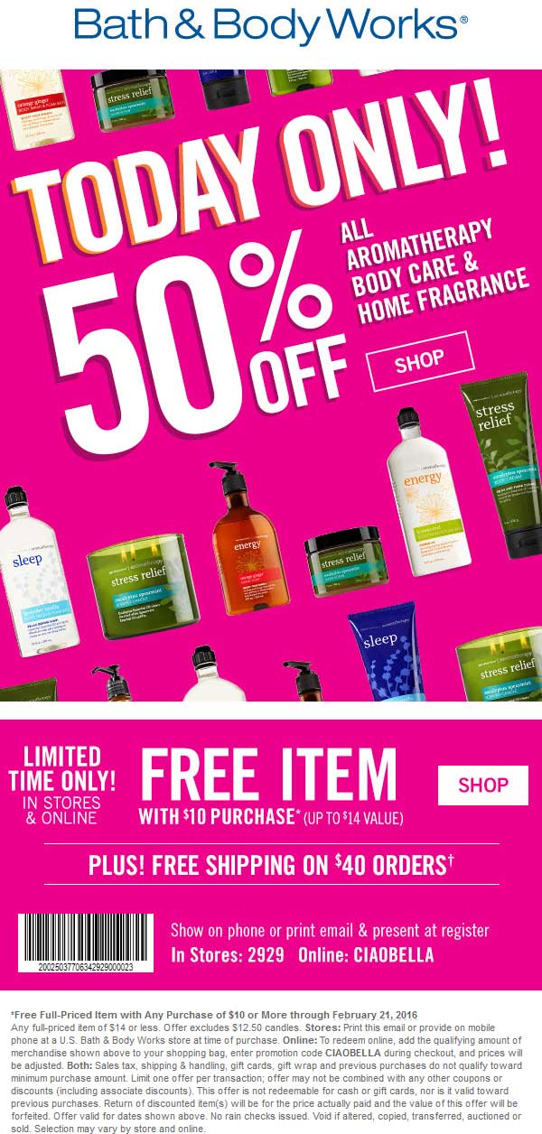 Bath & Body Works Coupon April 2024 $14 item free with $10 spent at Bath & Body Works, or online via promo code CIAOBELLA