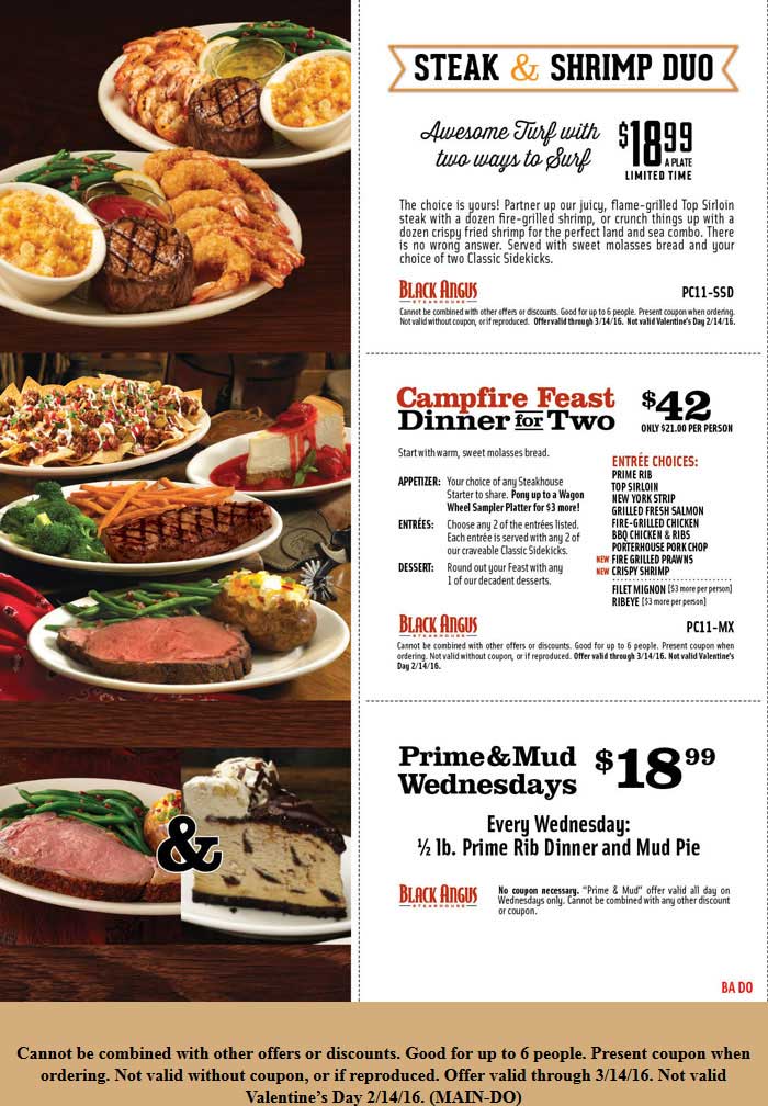 Black Angus Coupon April 2024 2 steak entrees + appetizer + dessert = $42 & more at Black Angus steakhouse