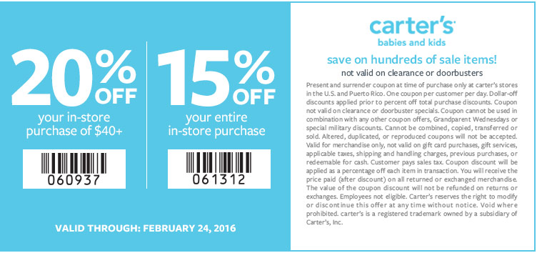 Carters Coupon April 2024 15-20% off at Carters, or online via promo code FEB15OFF