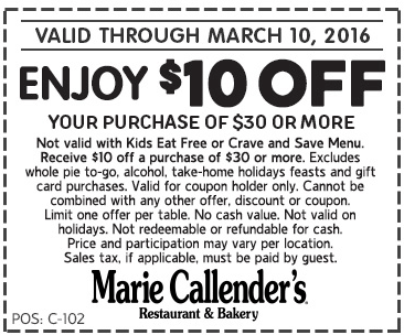 Marie Callenders Coupon March 2024 $10 off $30 at Marie Callenders restaurant