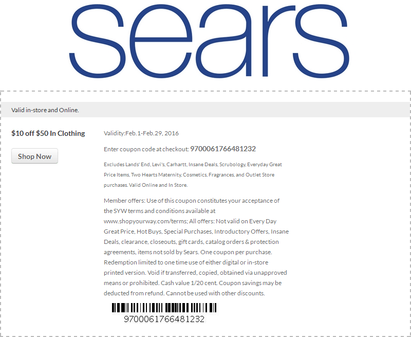 Sears Coupon April 2024 $10 off $50 at Sears, or online via promo code 9700061766481232