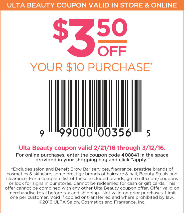 Ulta Coupon April 2024 $3 off $10 at Ulta Beauty, or online via promo code 408841