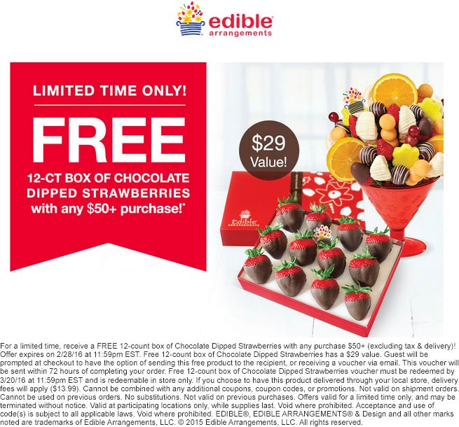Edible Arrangements Coupon April 2024 12pc chocolate strawberries free with $50 spent at Edible Arrangements
