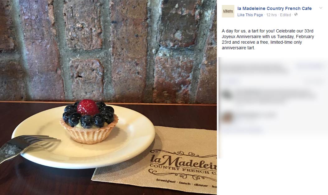 la Madeleine Coupon May 2024 Free tart Tuesday at la Madeleine Country French Cafe