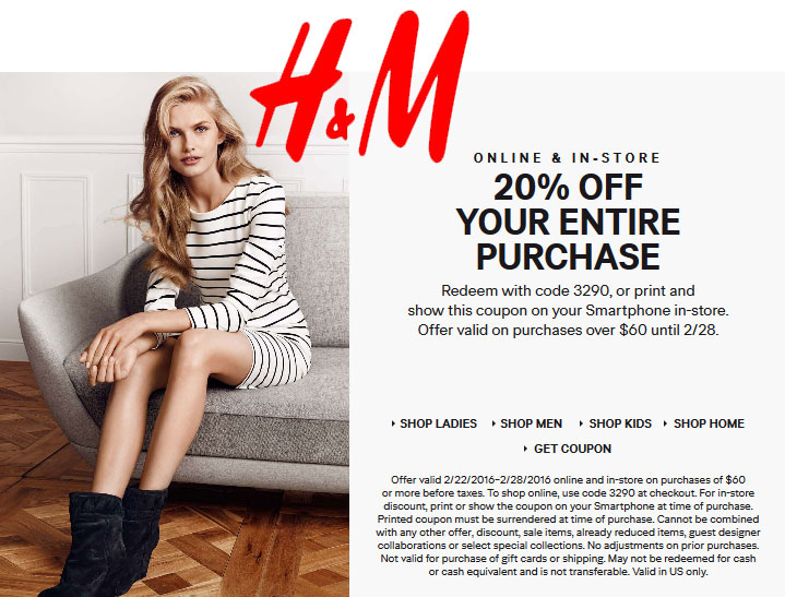 H&M Coupon April 2024 20% off $60 at H&M, or online via promo code 3290