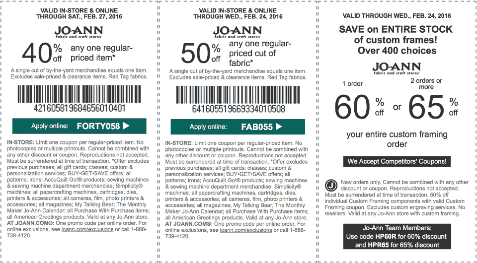 Jo-Ann Fabric Coupon April 2024 40% off a single item & more at Jo-Ann Fabric, or online via promo code FORTY058