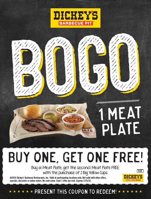 Dickeys Barbecue Pit Coupon May 2024 Second meat plate free at Dickeys Barbecue Pit