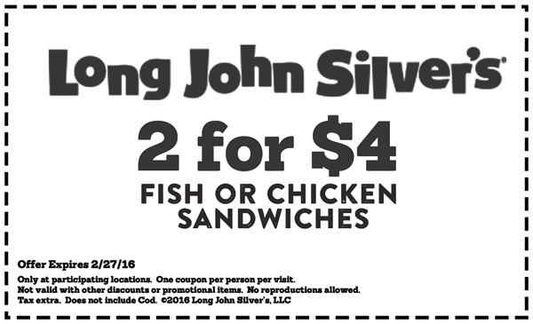 Long John Silvers Coupon April 2024 Two fish or chicken sandwiches for $4 at Long John Silvers