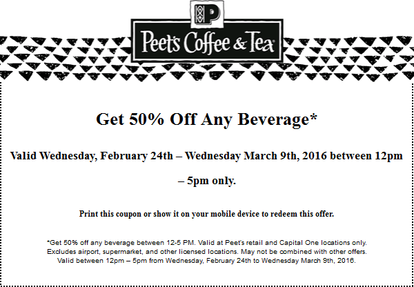 Peets Coffee & Tea Coupon April 2024 50% off any drink 12-5pm daily at Peets Coffee & Tea