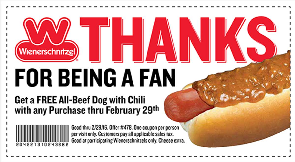 Wienerschnitzel Coupon April 2024 Free chili dog with any order at Wienerschnitzel