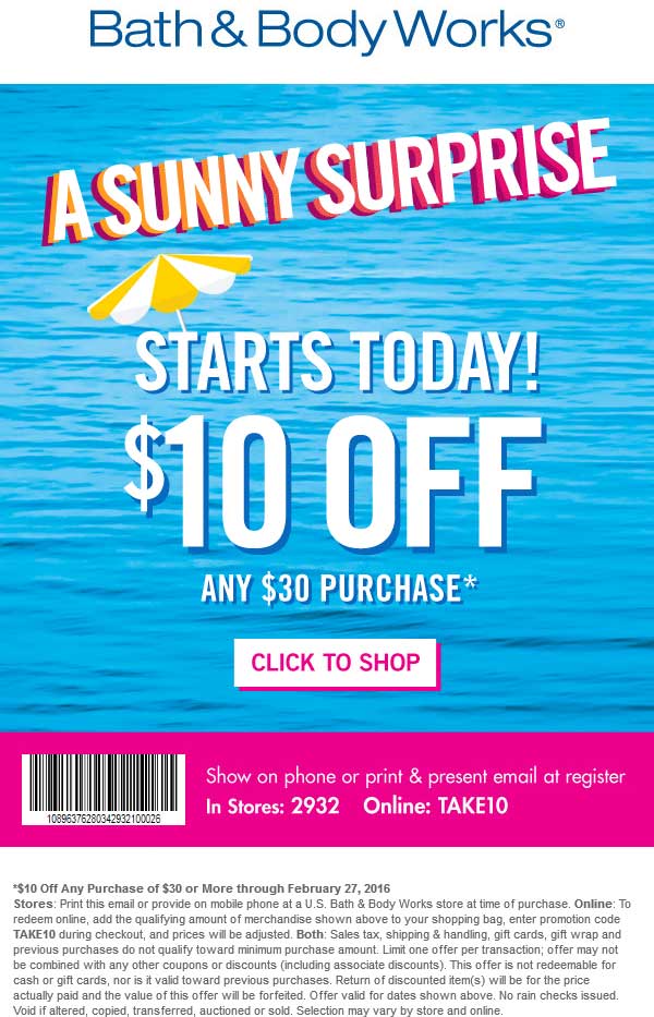 Bath & Body Works Coupon April 2024 $10 off $30 at Bath & Body Works, or online via promo code TAKE10