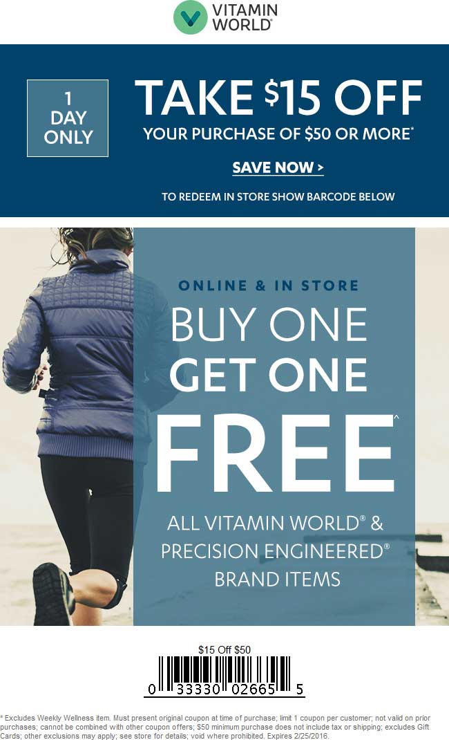 Vitamin World Coupon March 2024 $15 off $50 today at Vitamin World