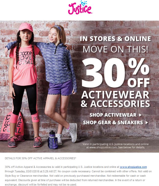 Justice Coupon April 2024 30% off accessories & active apparel at Justice, ditto online