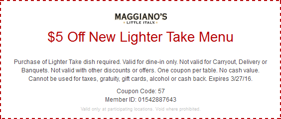 Maggianos Little Italy Coupon April 2024 $5 off lighter menu at Maggianos Little Italy