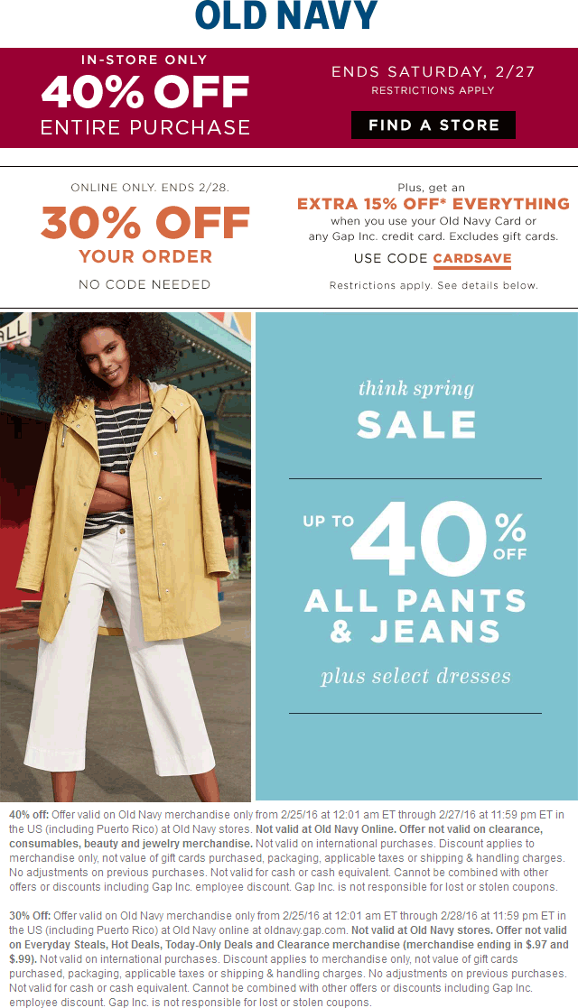 Old Navy Coupon April 2024 40% off everything at Old Navy, or 30% off online