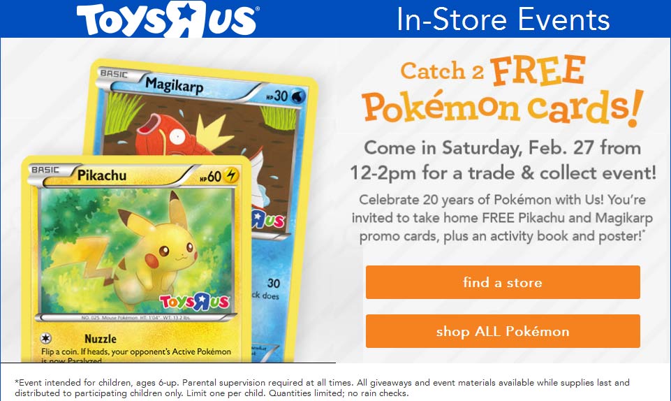 Toys R Us Coupon April 2024 Couple free Pokemon cards 12-2pm Saturday at Toys R Us