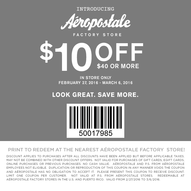 Aeropostale Factory Coupon April 2024 $10 off $40 at Aeropostale Factory locations