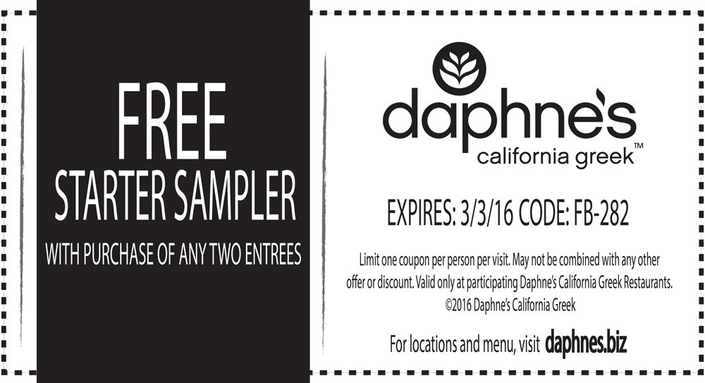 Daphnes Coupon March 2024 Free starter sampler with your entrees at Daphnes California Greek restaurants