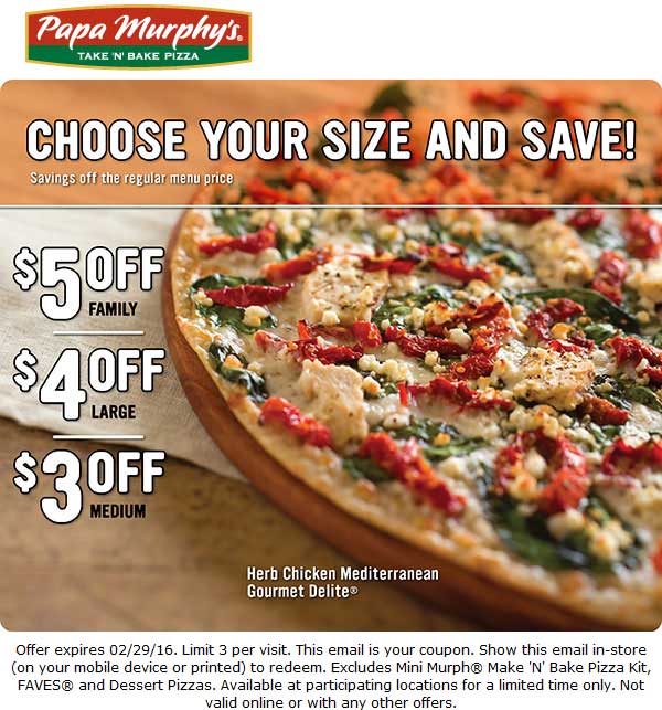 Papa Murphys Coupon May 2024 $3-$5 off a pizza at Papa Murphys