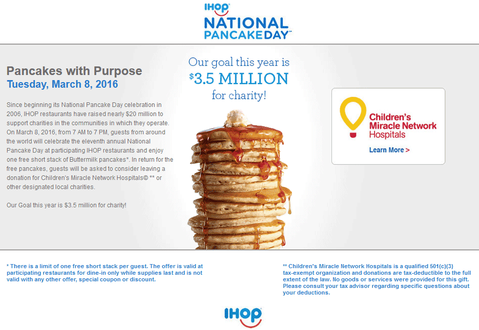 IHOP Coupon April 2024 Free pancakes for charity the 8th at IHOP
