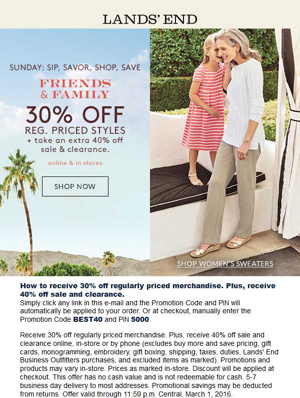 Lands End Coupon April 2024 Extra 40% off sale items & more at Lands End, or online via promo code BEST40 and pin 5000