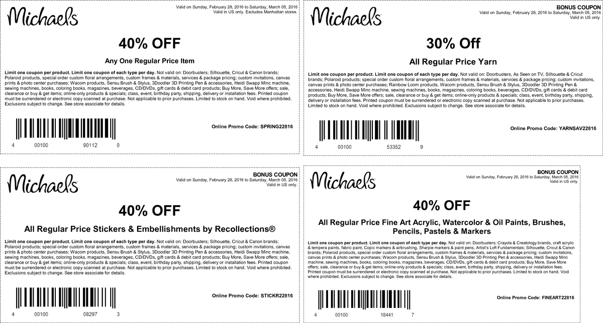 Michaels Coupon April 2024 40% off a single item at Michaels, or online via promo code SPRING22816
