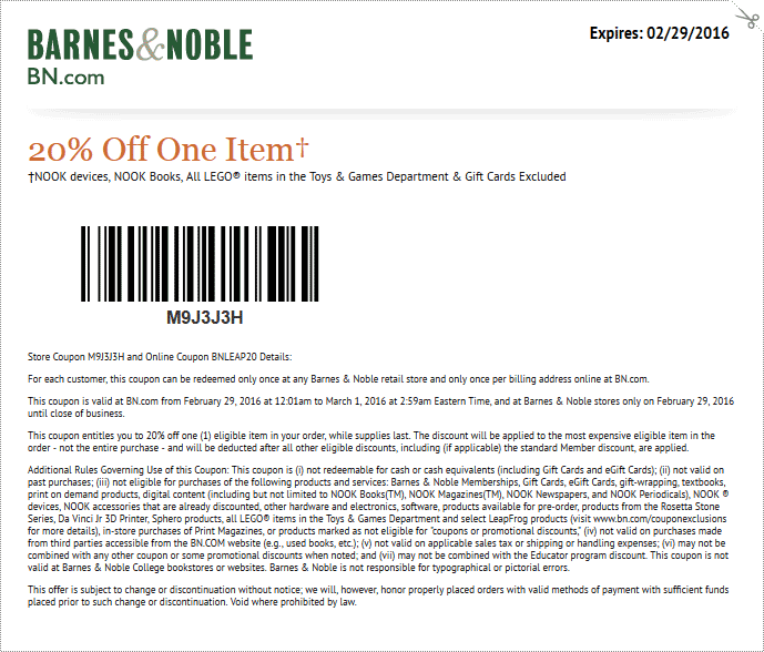 Barnes & Noble Coupon March 2024 20% off a single item today at Barnes & Noble, or online via promo code BNLEAP20