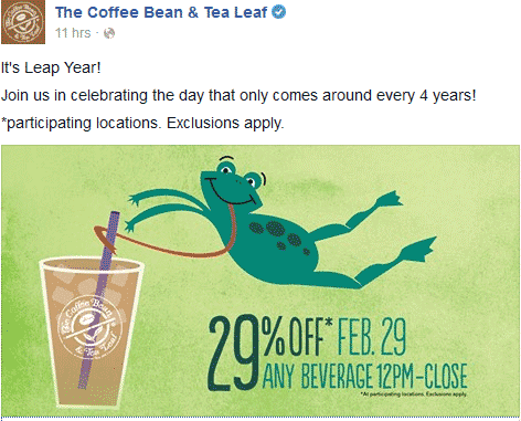 Coffee Bean & Tea Leaf Coupon April 2024 29% off any beverage today at The Coffee Bean & Tea Leaf